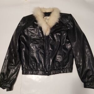 Vintage Black leather white fox fur trim jacket